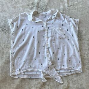 Old Navy White and Green Cactus Button Down Shirt Classic Style Tie Front